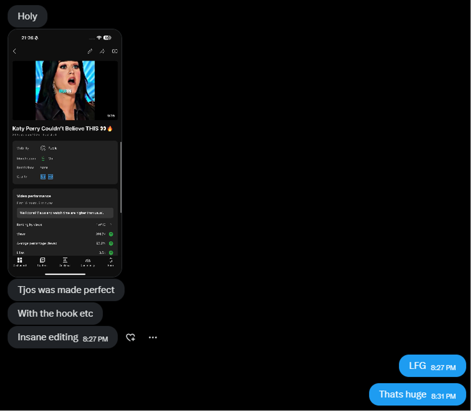 Katy Perry’s Universe testimonial message praising the editing and hook quality.